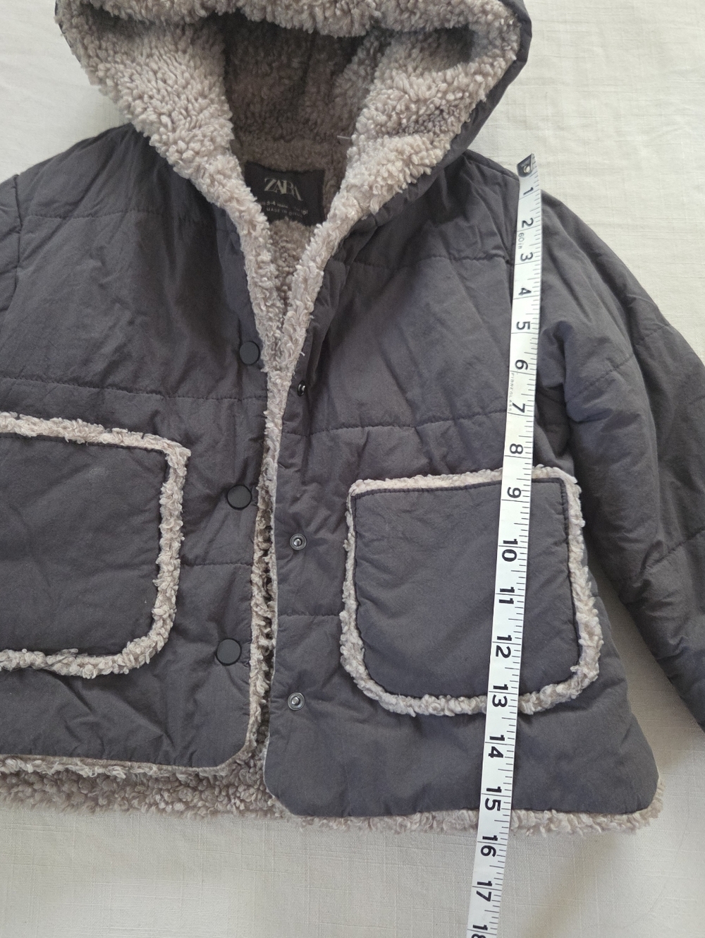 Zara Kids Gray Hooded Sherpa-Lined Coat Jacket 3t 4t Boys Girls Neutral - Picture 5 of 10